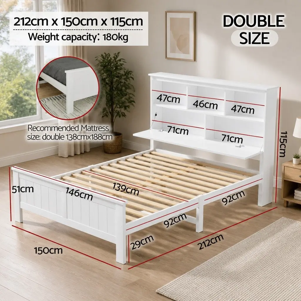 Double Bed Frame with 3 Storage Shelves Headboard White Wooden Bedroom Bed