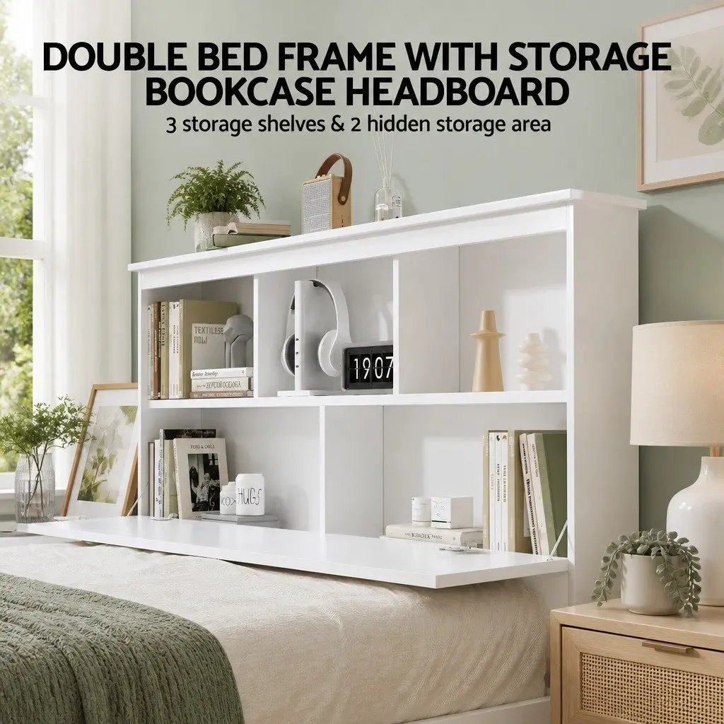 Double Bed Frame with 3 Storage Shelves Headboard White Wooden Bedroom Bed