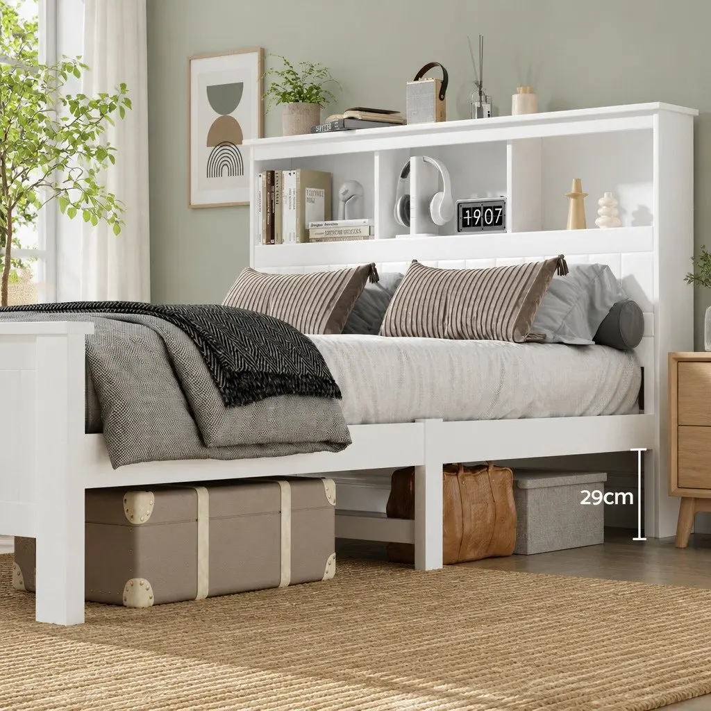 Double Bed Frame with 3 Storage Shelves Headboard White Wooden Bedroom Bed