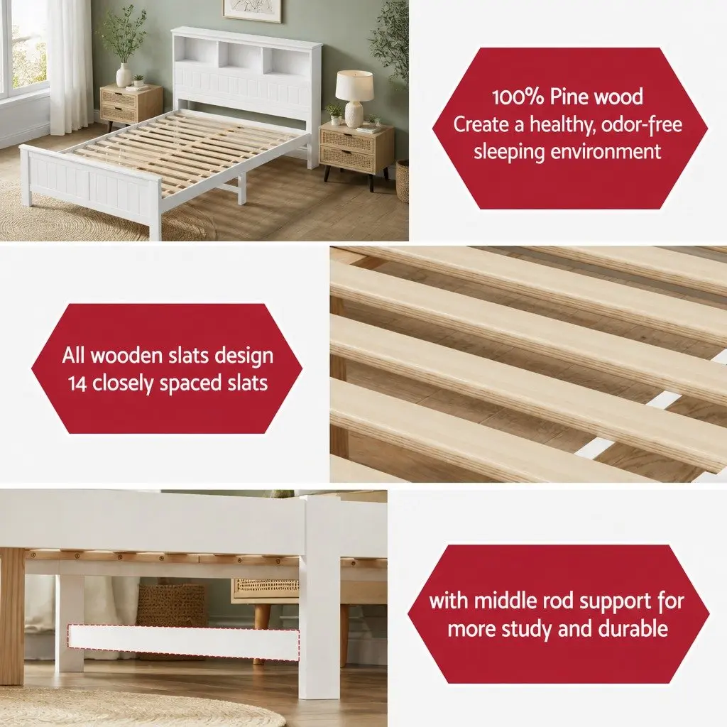 Double Bed Frame with 3 Storage Shelves Headboard White Wooden Bedroom Bed