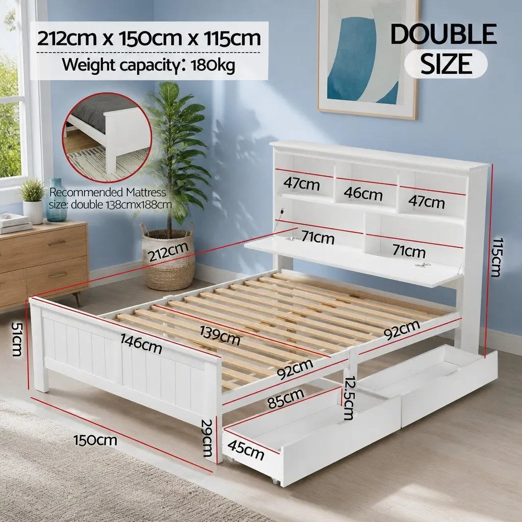 Double Bed Frame Wooden White Headboard Storage Shelves Kids Adults Bedroom