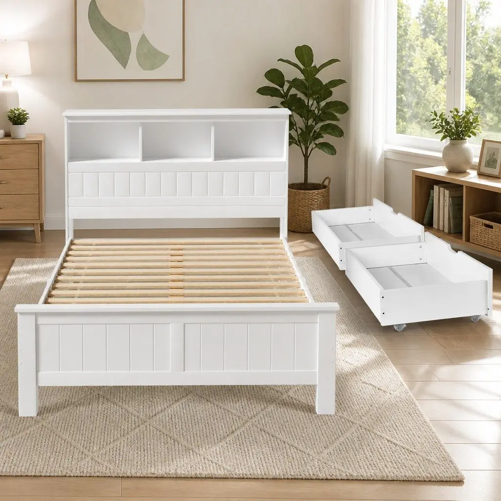 Double Bed Frame Wooden White Headboard Storage Shelves Kids Adults Bedroom