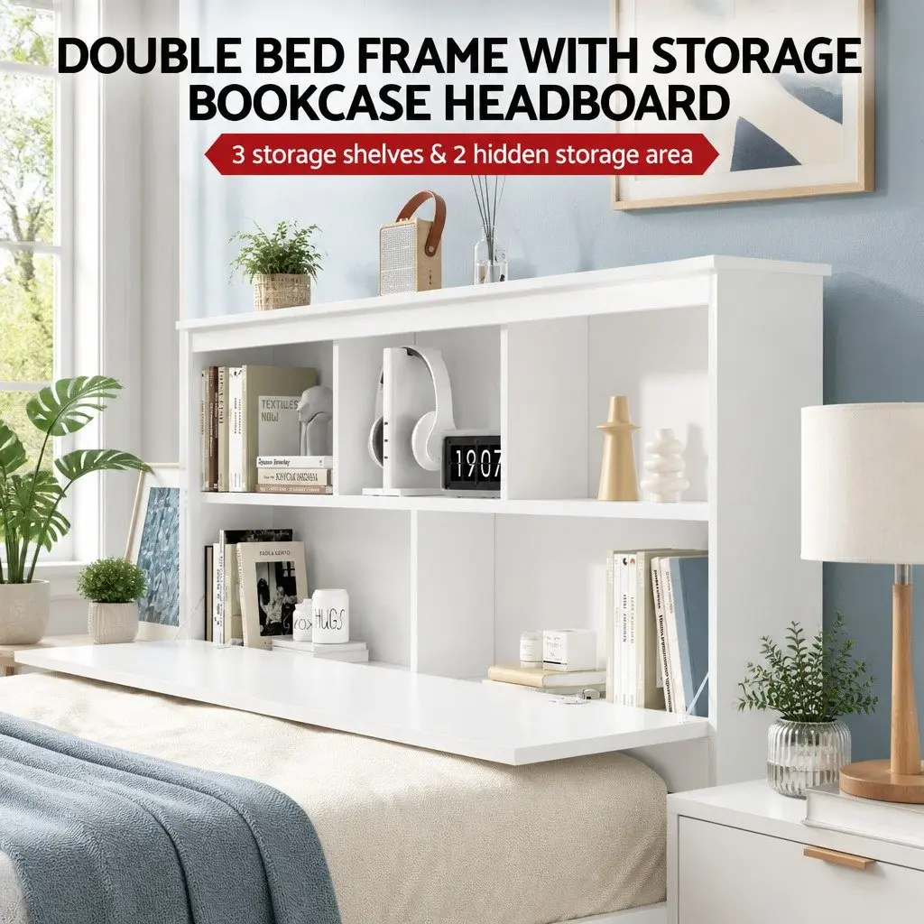 Double Bed Frame Wooden White Headboard Storage Shelves Kids Adults Bedroom