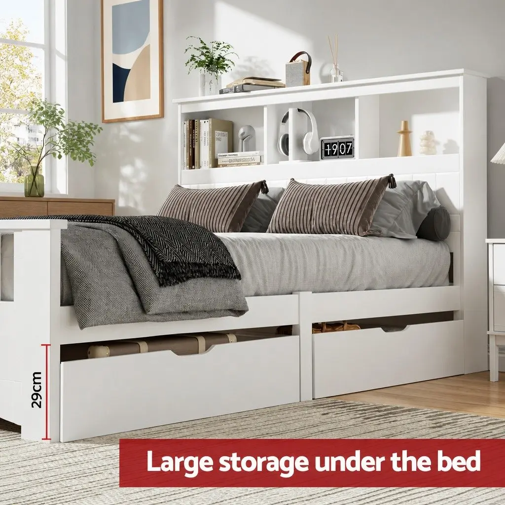Double Bed Frame Wooden White Headboard Storage Shelves Kids Adults Bedroom