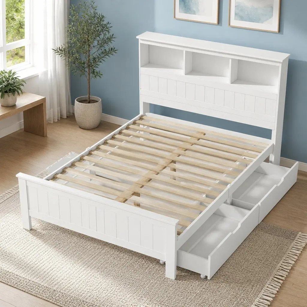 Double Bed Frame Wooden White Headboard Storage Shelves Kids Adults Bedroom