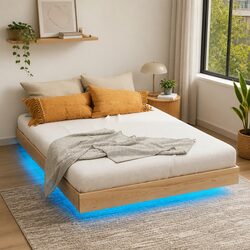 Double Bed Frame: Pinewood, 194 x 146 x 28 cm, LED
