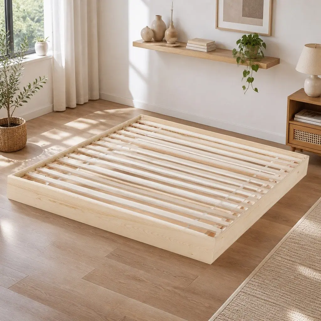 Double Bed Frame Floating Design Wooden Platform Slat Base Pine Bedroom