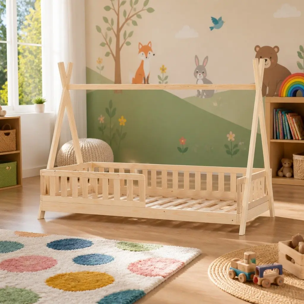 Kids House Bed Frame Single Wooden Pine Slat Bedroom Furniture Child Safe Design