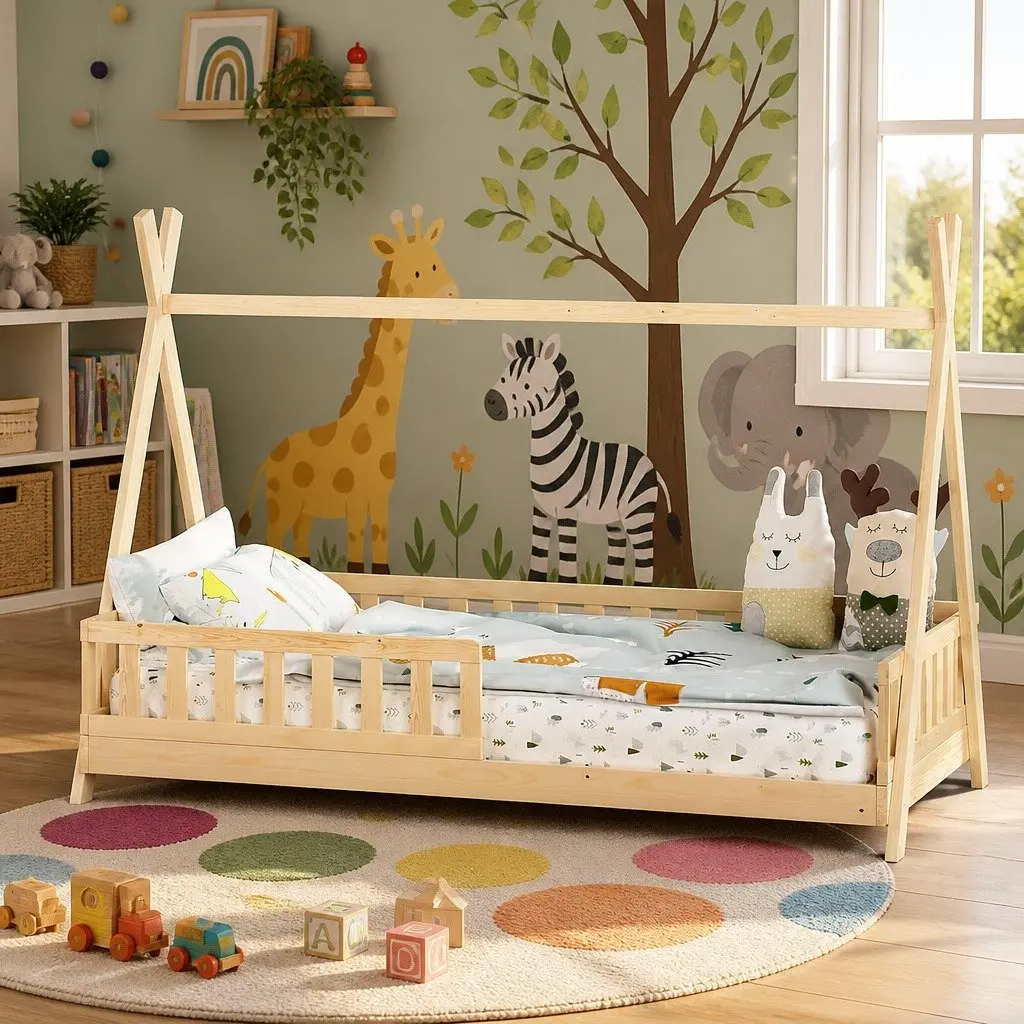 Kids House Bed Frame Single Wooden Pine Slat Bedroom Furniture Child Safe Design