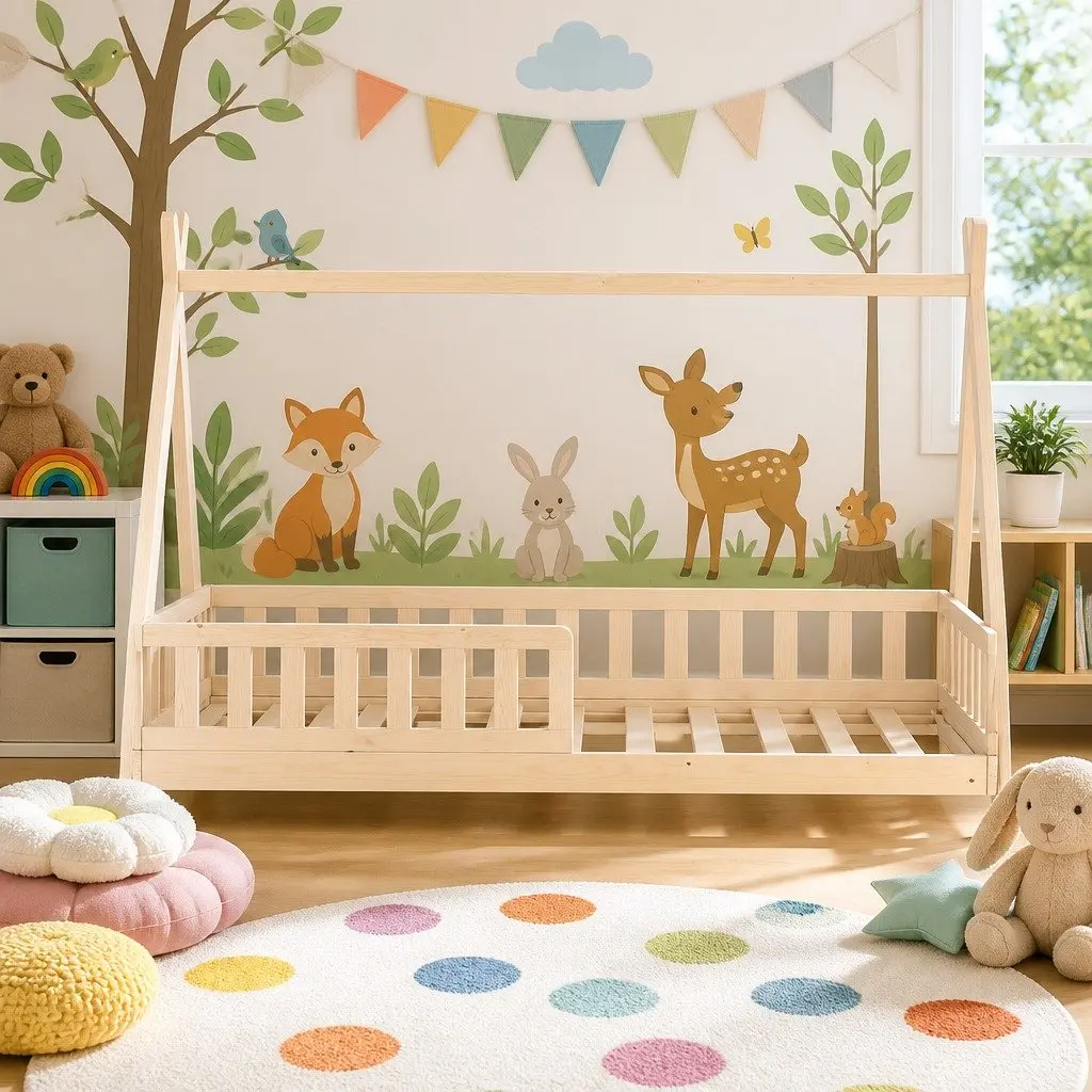 Kids House Bed Frame Single Wooden Pine Slat Bedroom Furniture Child Safe Design