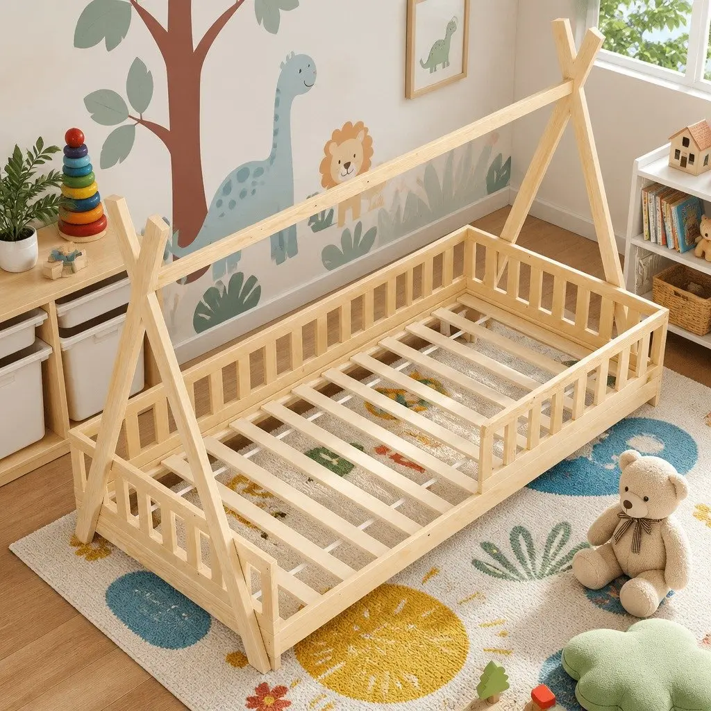 Kids House Bed Frame Single Wooden Pine Slat Bedroom Furniture Child Safe Design