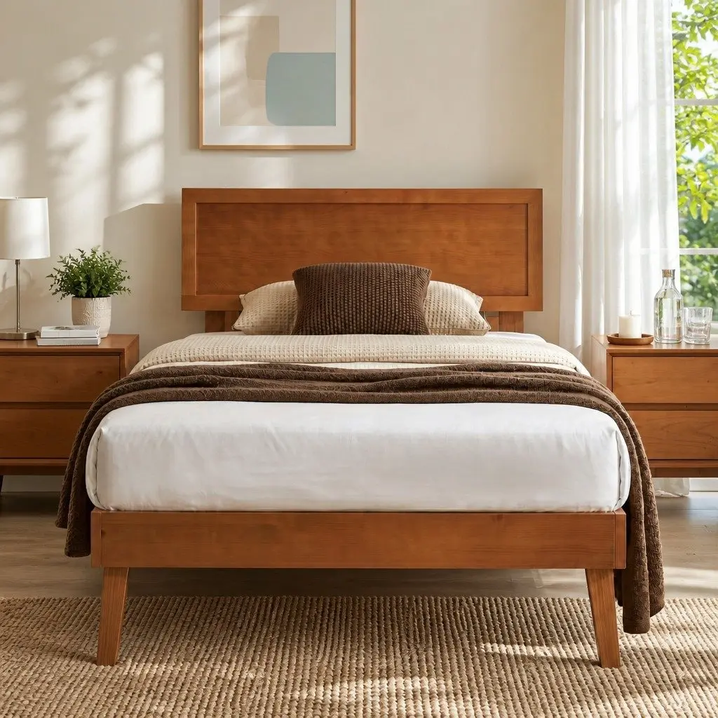 Single Bed Frame Wooden Slat Base Walnut Colour Modern Bedroom Furniture 195 x 100 x 87 cm