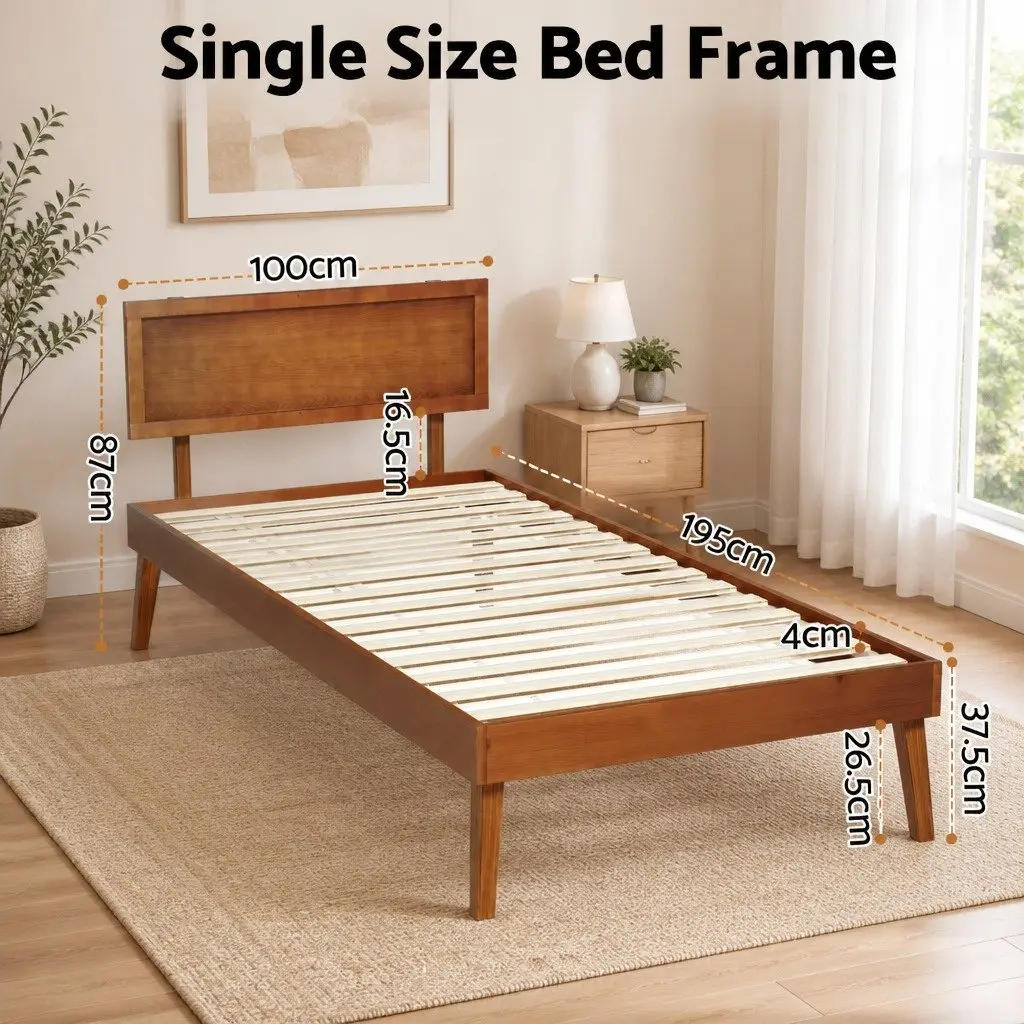 Single Bed Frame Wooden Slat Base Walnut Colour Modern Bedroom Furniture 195 x 100 x 87 cm