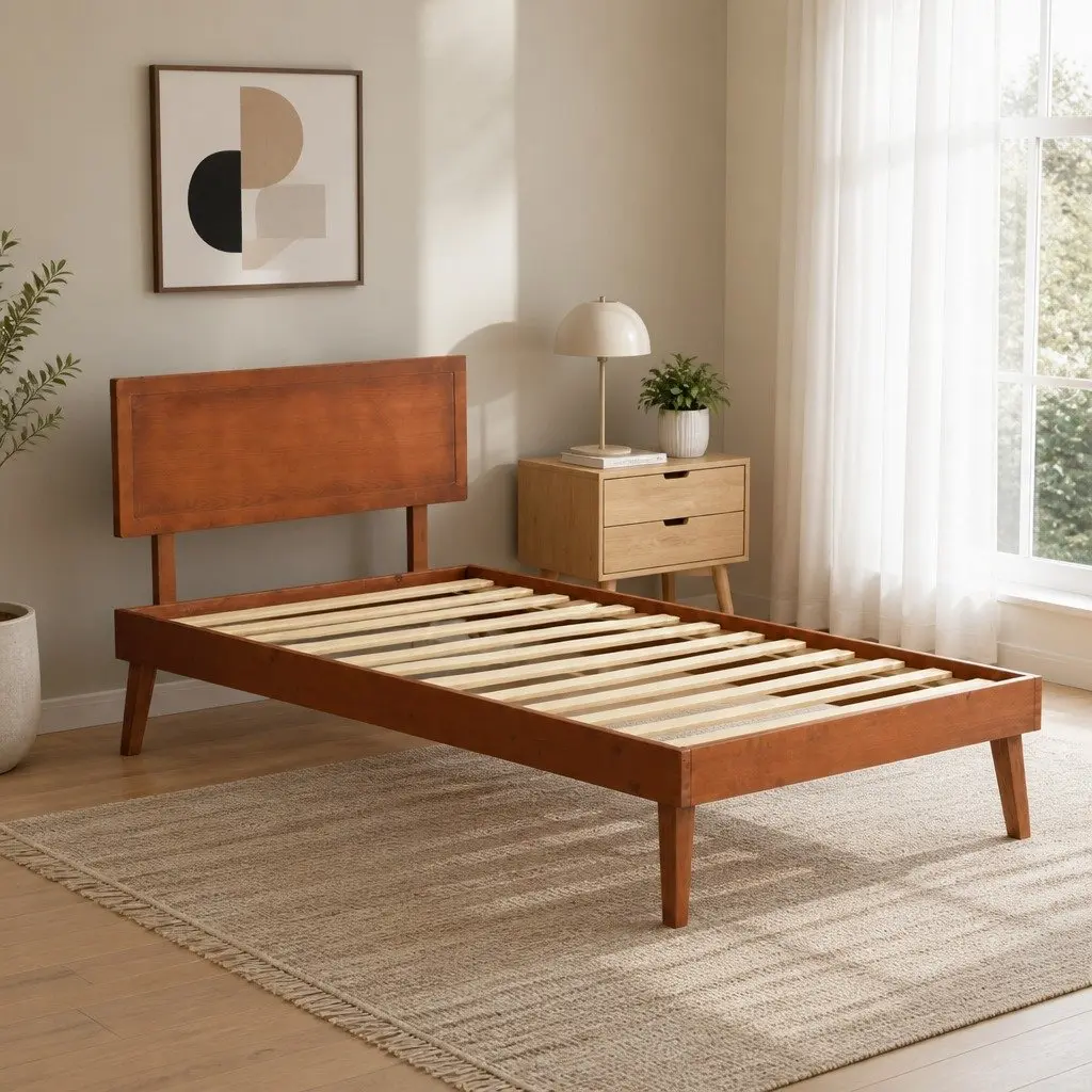 Single Bed Frame Wooden Slat Base Walnut Colour Modern Bedroom Furniture 195 x 100 x 87 cm