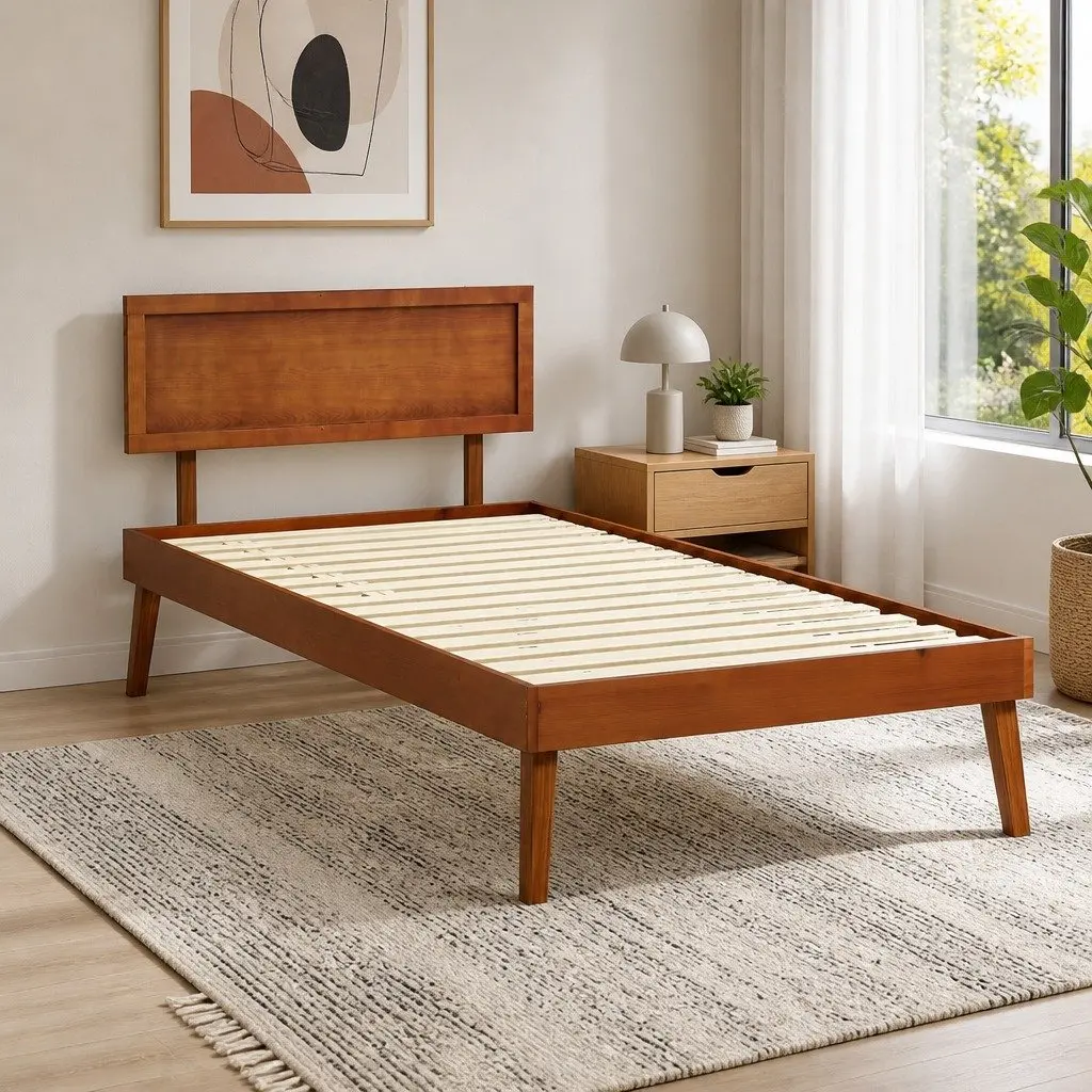 Single Bed Frame Wooden Slat Base Walnut Colour Modern Bedroom Furniture 195 x 100 x 87 cm