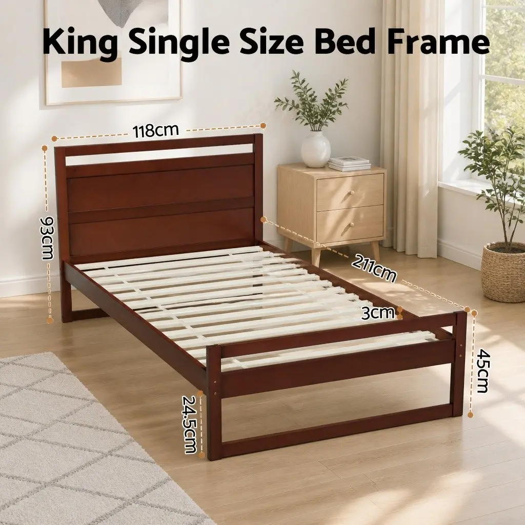 King Single Bed Frame Wooden Walnut Flat Head Rustic Style Pinewood Slatted Base