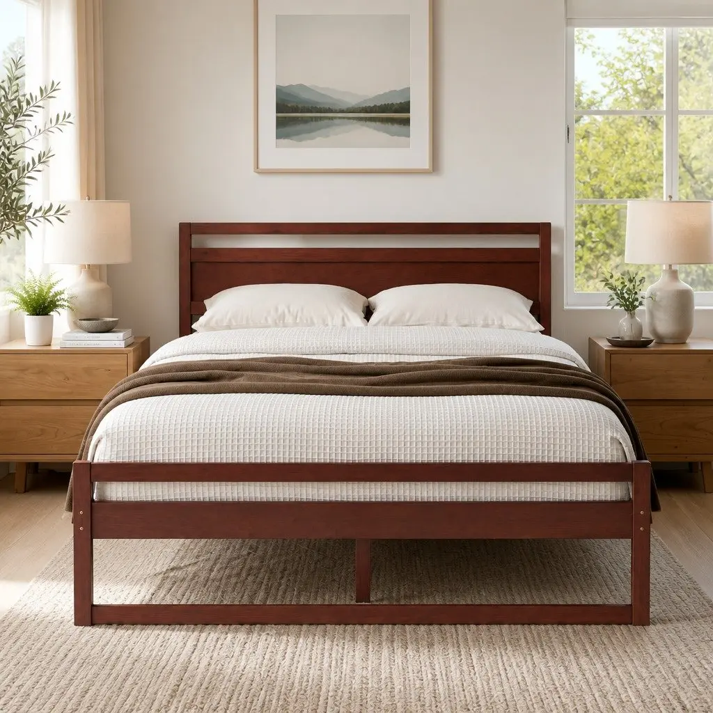Queen Bed Frame Wooden Slats Flat Head Walnut Colour Modern Bedroom Furniture