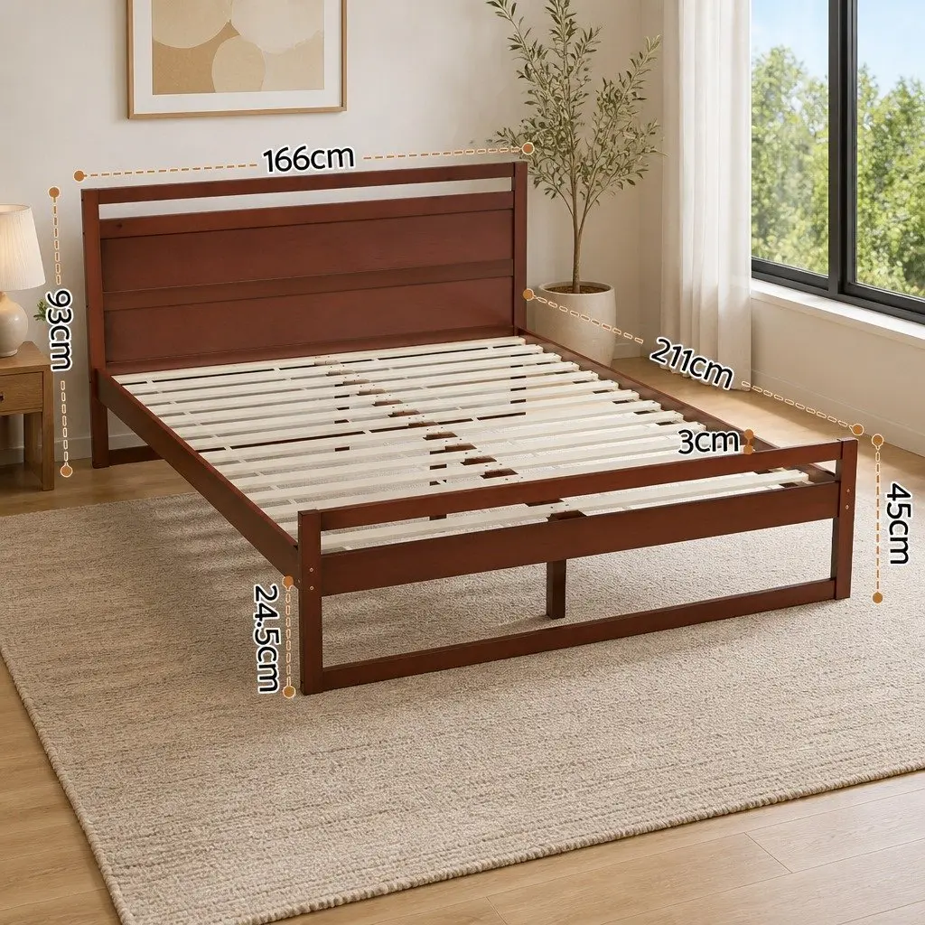 Queen Bed Frame Wooden Slats Flat Head Walnut Colour Modern Bedroom Furniture