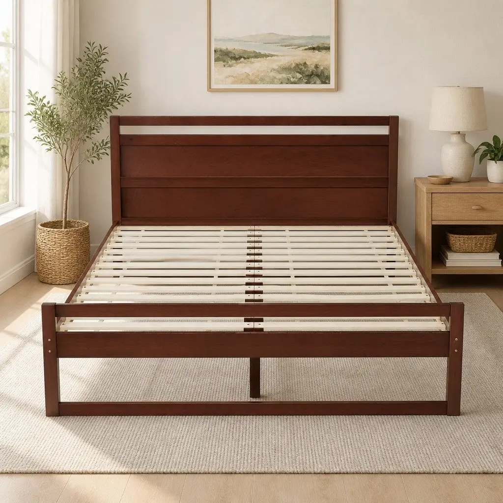 Queen Bed Frame Wooden Slats Flat Head Walnut Colour Modern Bedroom Furniture