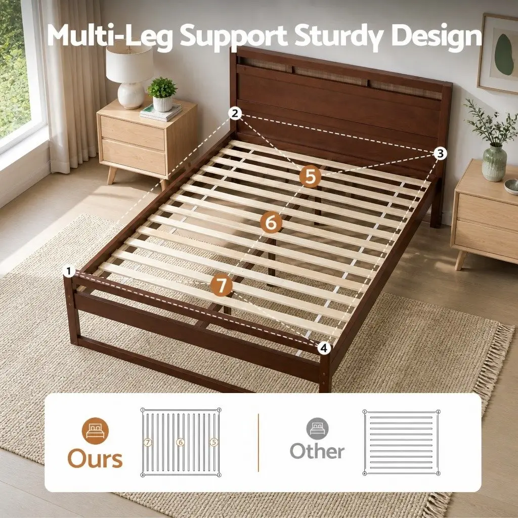 Queen Bed Frame Wooden Slats Flat Head Walnut Colour Modern Bedroom Furniture