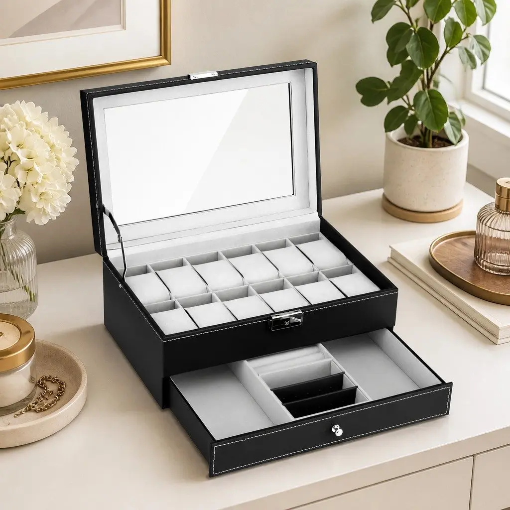 Watch Box Organizer for Jewelry Storage Two-Tier Black 12 Grid