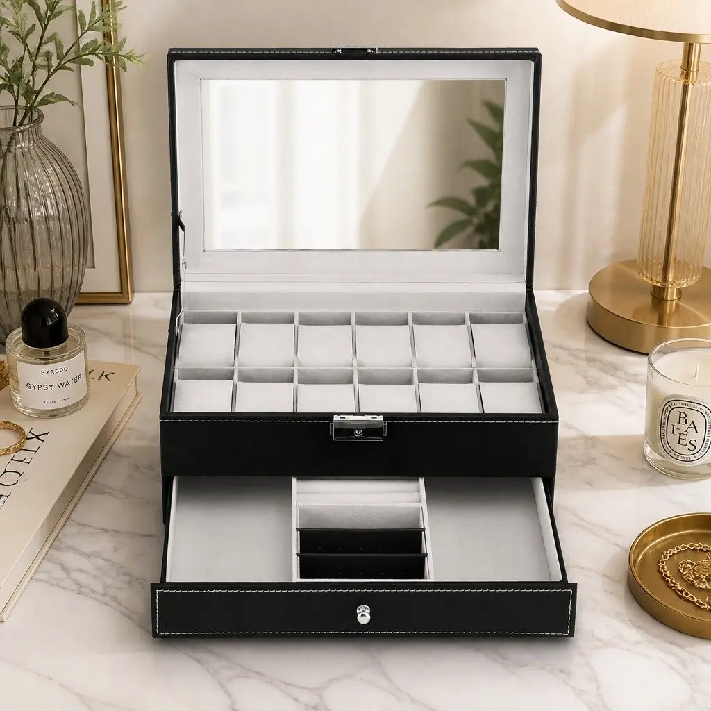 Watch Box Organizer for Jewelry Storage Two-Tier Black 12 Grid