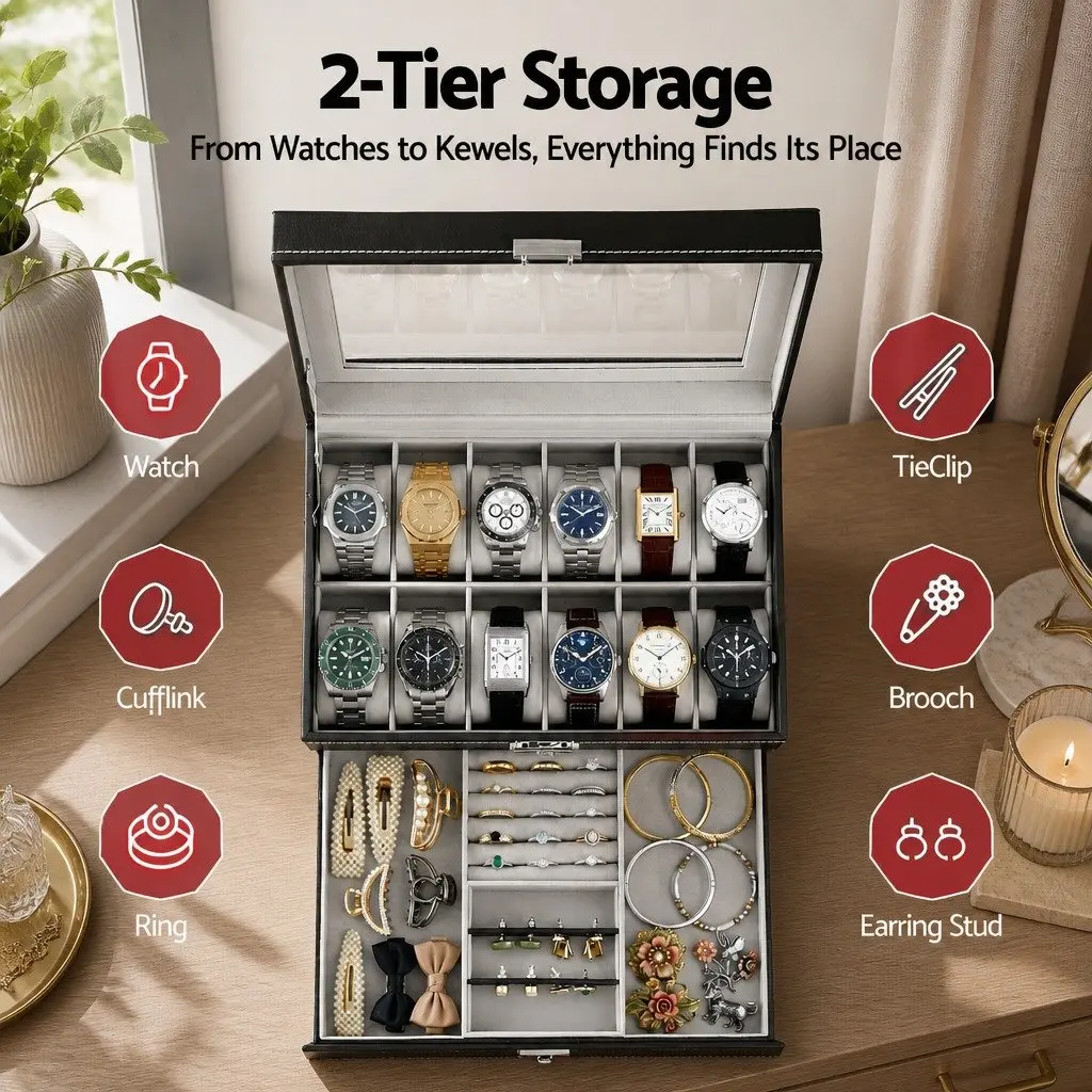 Watch Box Organizer for Jewelry Storage Two-Tier Black 12 Grid