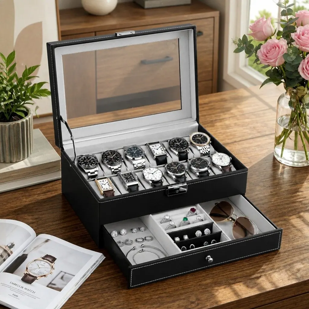 Watch Box Organizer for Jewelry Storage Two-Tier Black 12 Grid