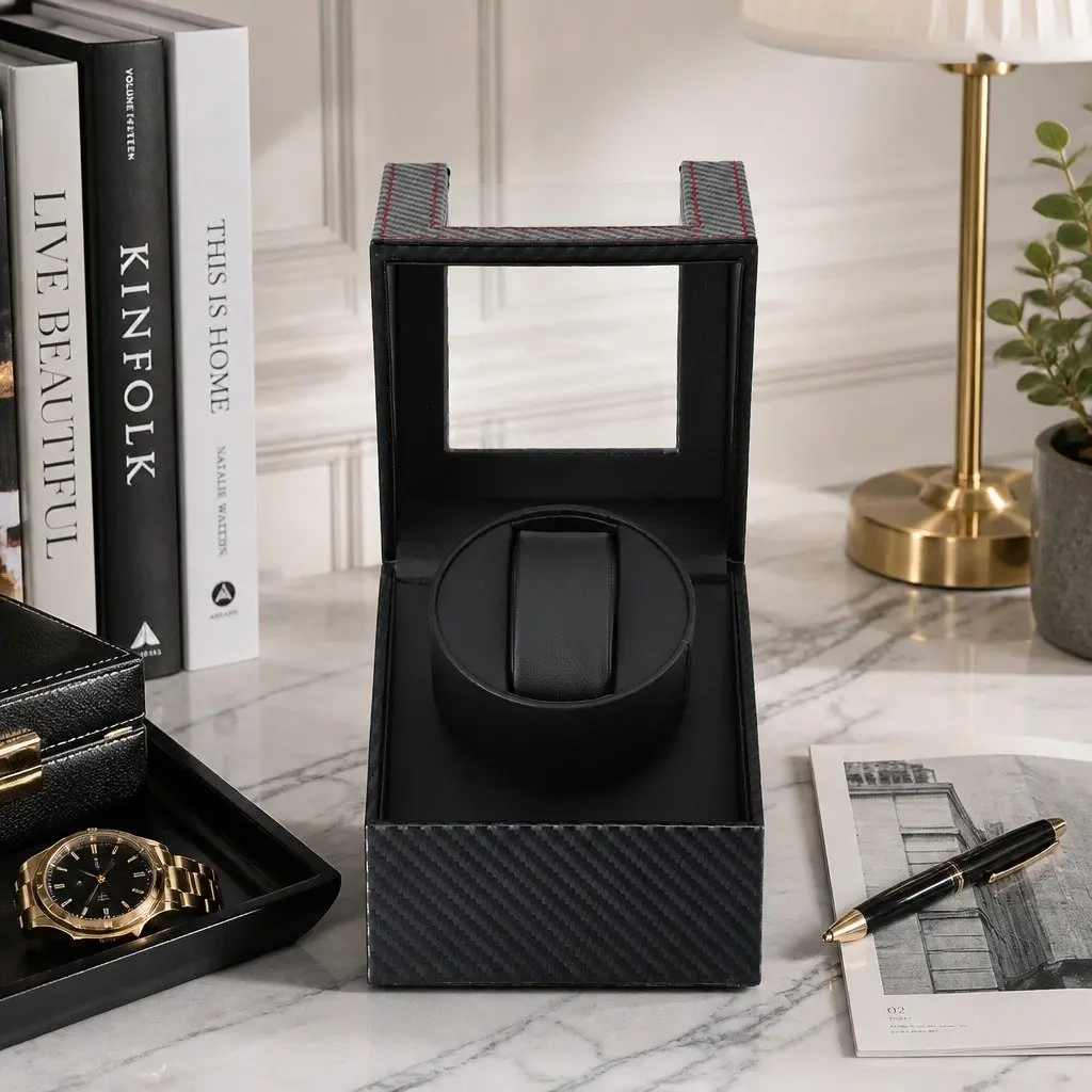 Watch Winder Box Automatic Single for Desktop 12.2 x 12.8 x 16 cm Black