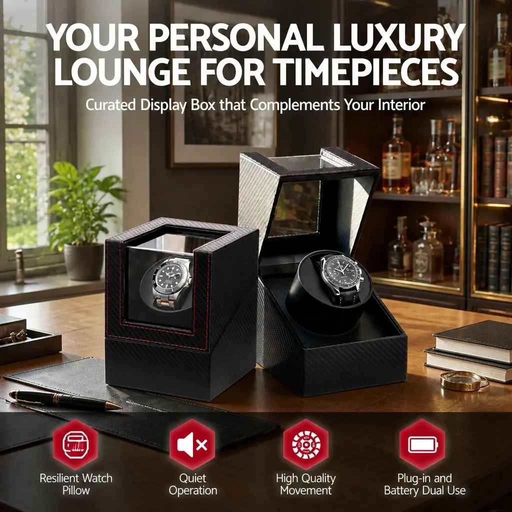 Watch Winder Box Automatic Single for Desktop 12.2 x 12.8 x 16 cm Black