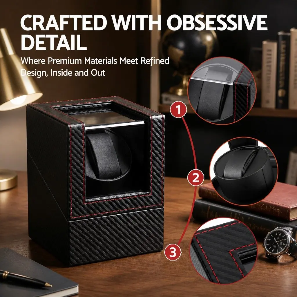 Watch Winder Box Automatic Single for Desktop 12.2 x 12.8 x 16 cm Black