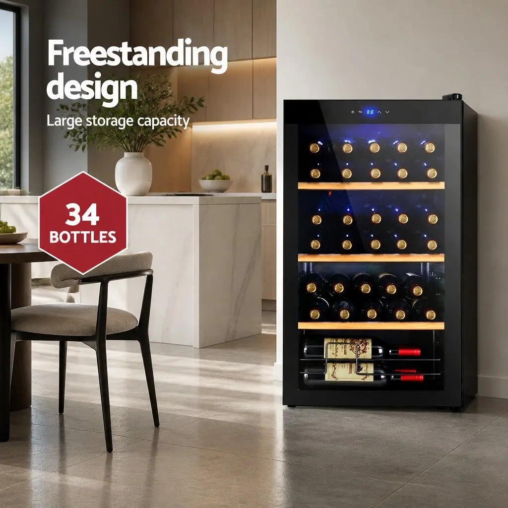Wine Fridge Cooler 34 Bottles Black Beverage Chiller Touch Control Temperature