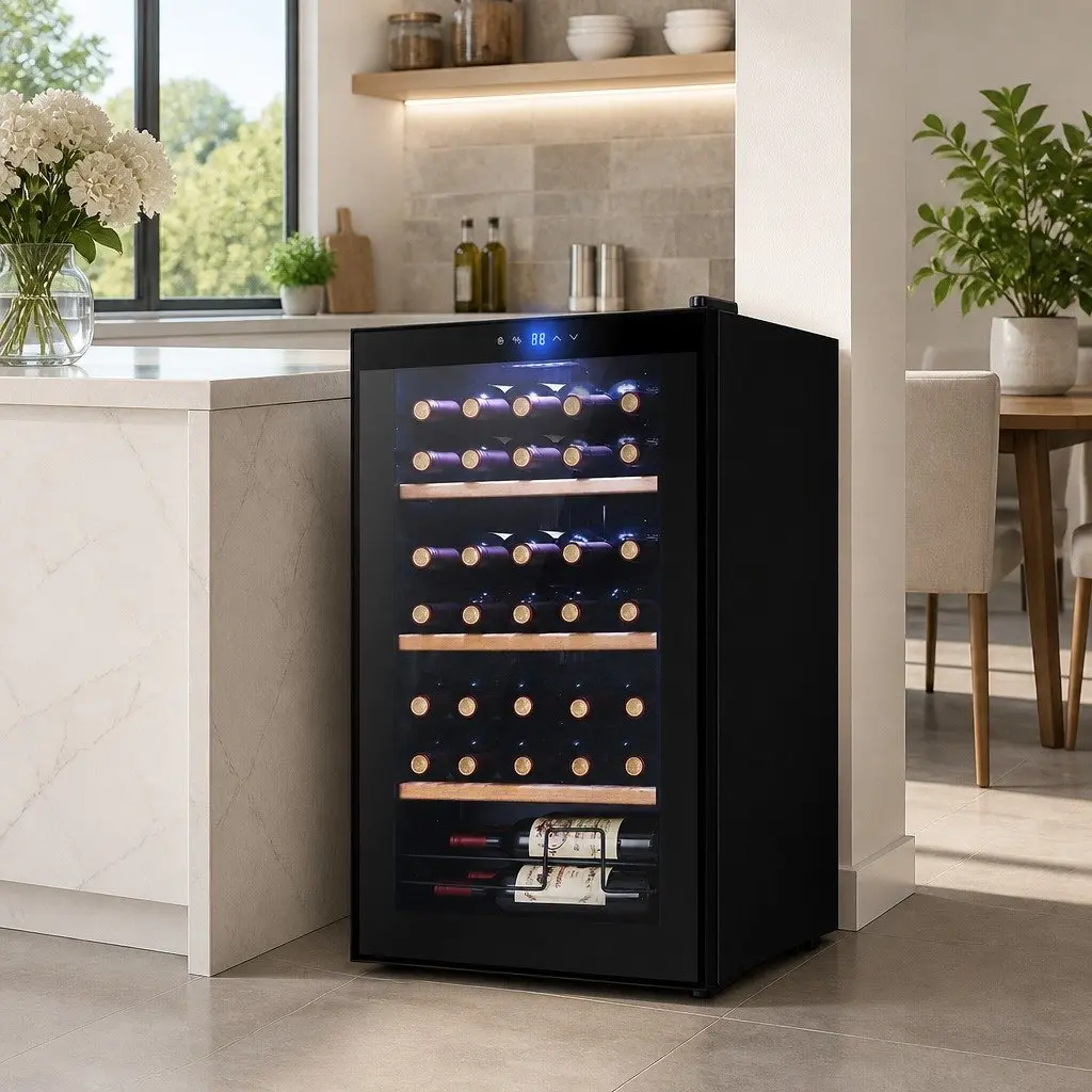 Wine Fridge Cooler 34 Bottles Black Beverage Chiller Touch Control Temperature