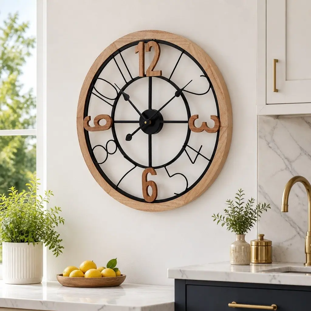 Wall Clock for Home Decor 60cm Metal and MDF Frame Black and Pine Large Arabic Numerals
