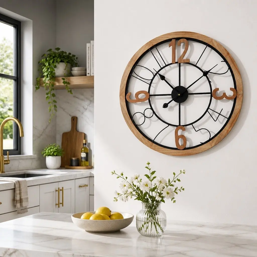 Wall Clock for Home Decor 60cm Metal and MDF Frame Black and Pine Large Arabic Numerals