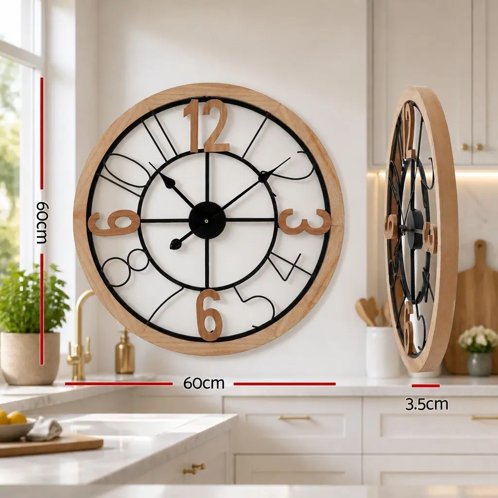 Wall Clock for Home Decor 60cm Metal and MDF Frame Black and Pine Large Arabic Numerals