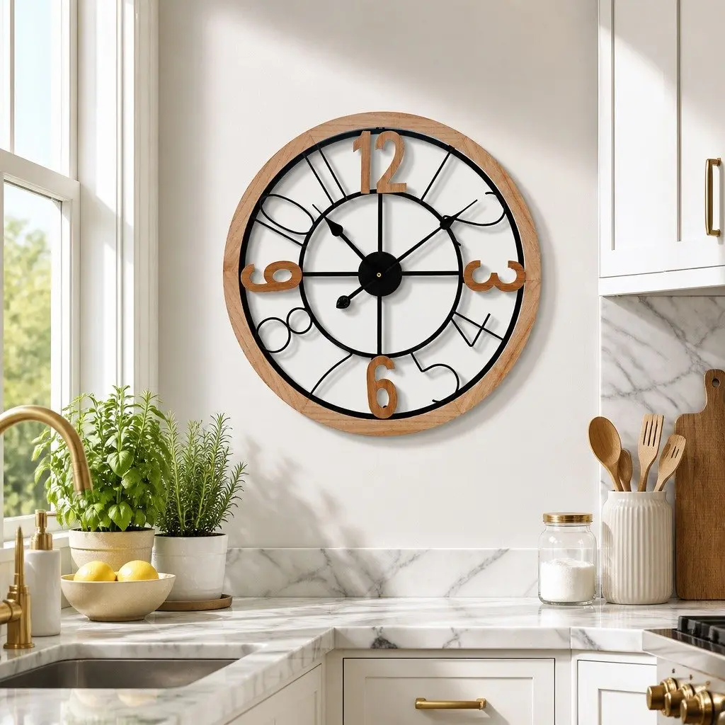 Wall Clock for Home Decor 60cm Metal and MDF Frame Black and Pine Large Arabic Numerals