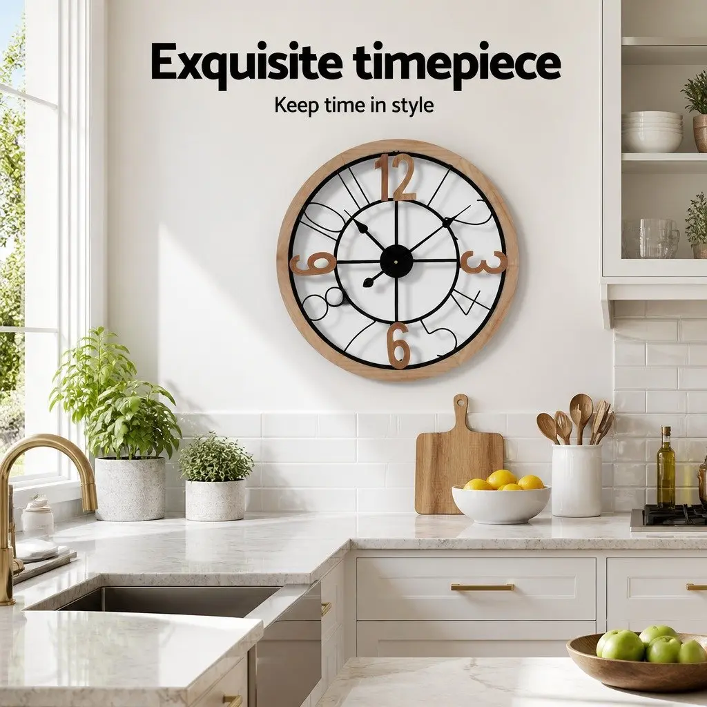Wall Clock for Home Decor 60cm Metal and MDF Frame Black and Pine Large Arabic Numerals