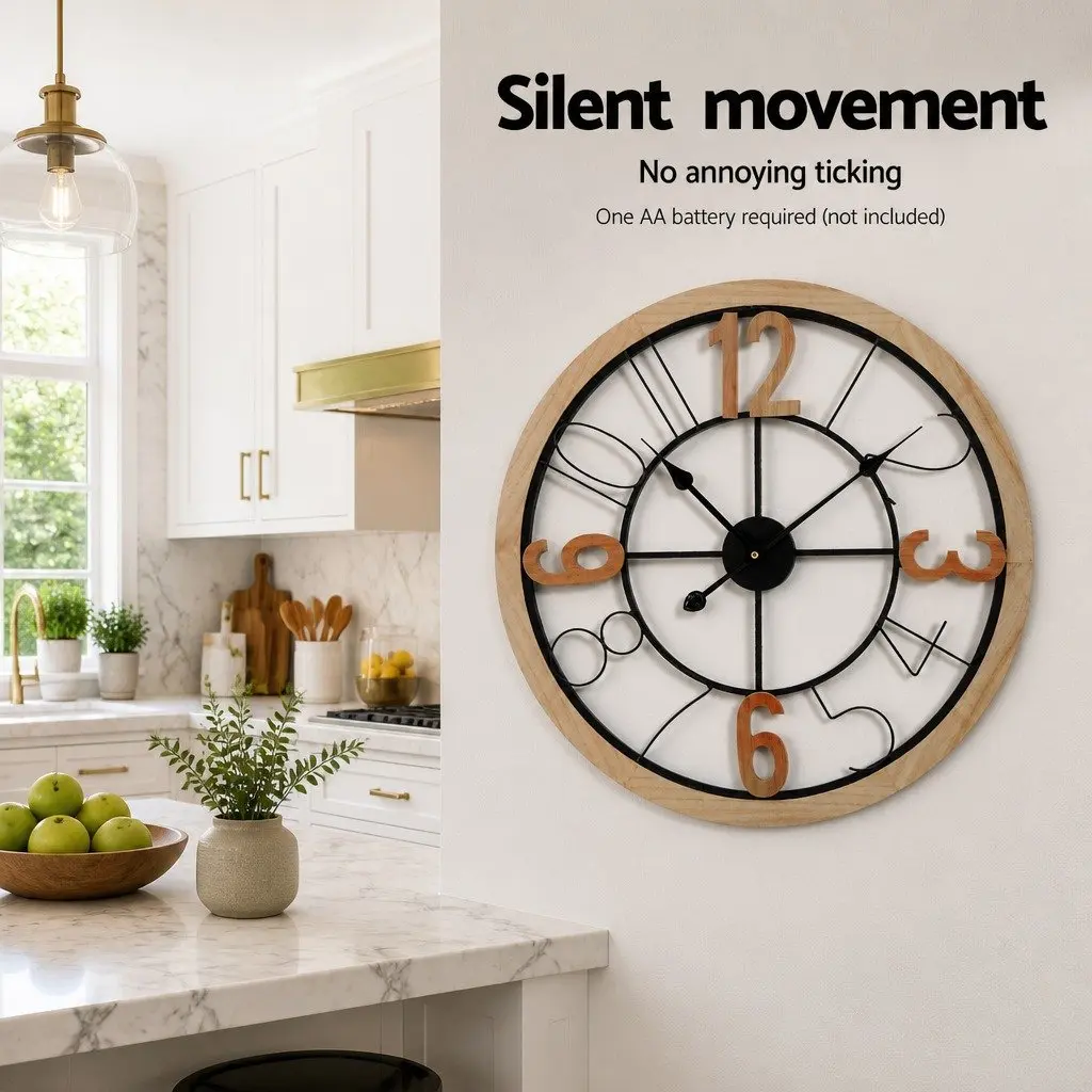 Wall Clock for Home Decor 60cm Metal and MDF Frame Black and Pine Large Arabic Numerals