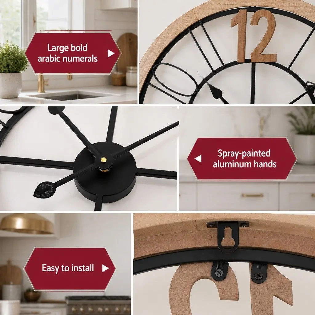 Wall Clock for Home Decor 60cm Metal and MDF Frame Black and Pine Large Arabic Numerals