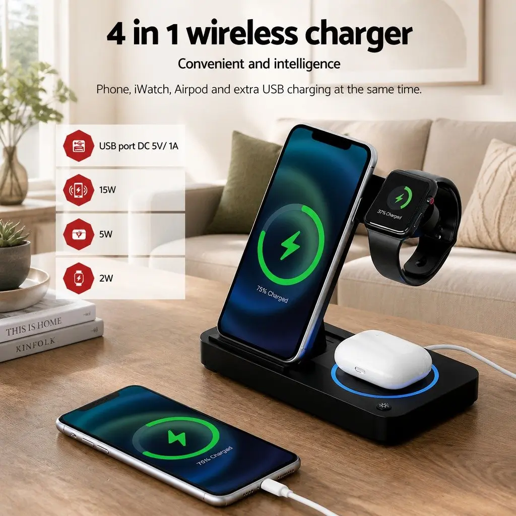 4-in-1 Wireless Charger Station Fast Charging Phone iWatch Airpods USB Black