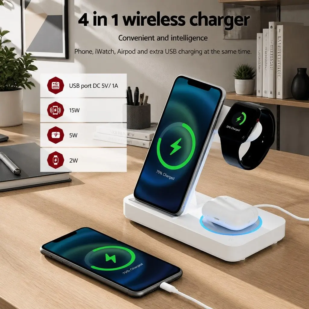 4-in-1 Wireless Charger Dock Fast Charging Station for Phone Watch Earbuds White