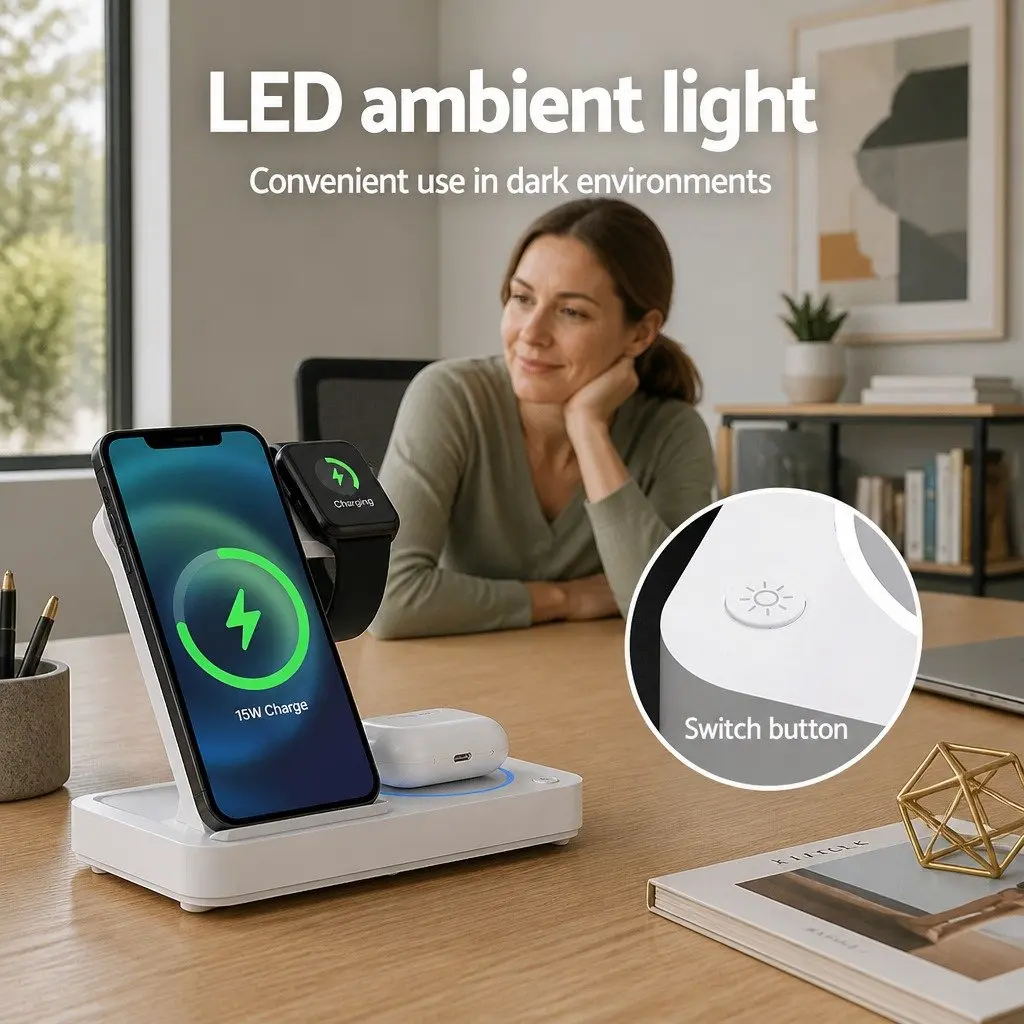 4-in-1 Wireless Charger Dock Fast Charging Station for Phone Watch Earbuds White