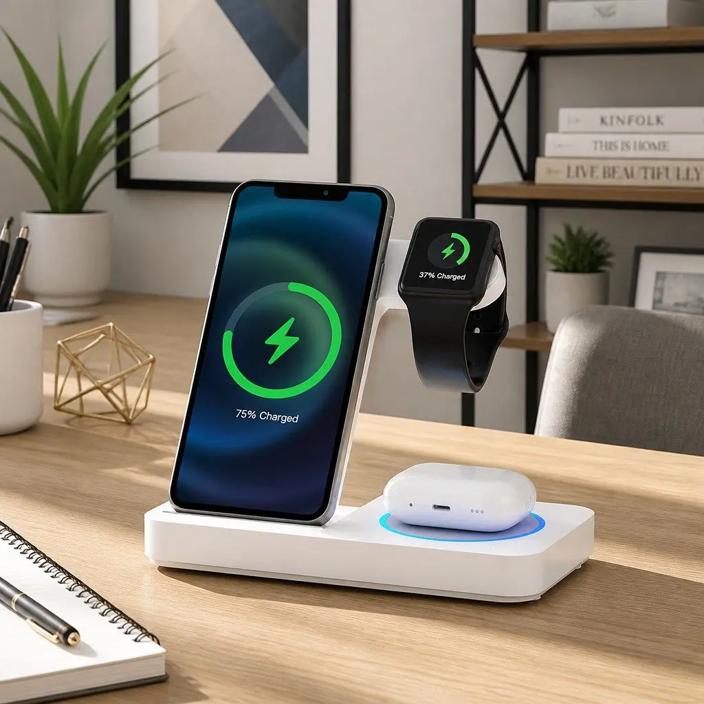 4-in-1 Wireless Charger Dock Fast Charging Station for Phone Watch Earbuds White