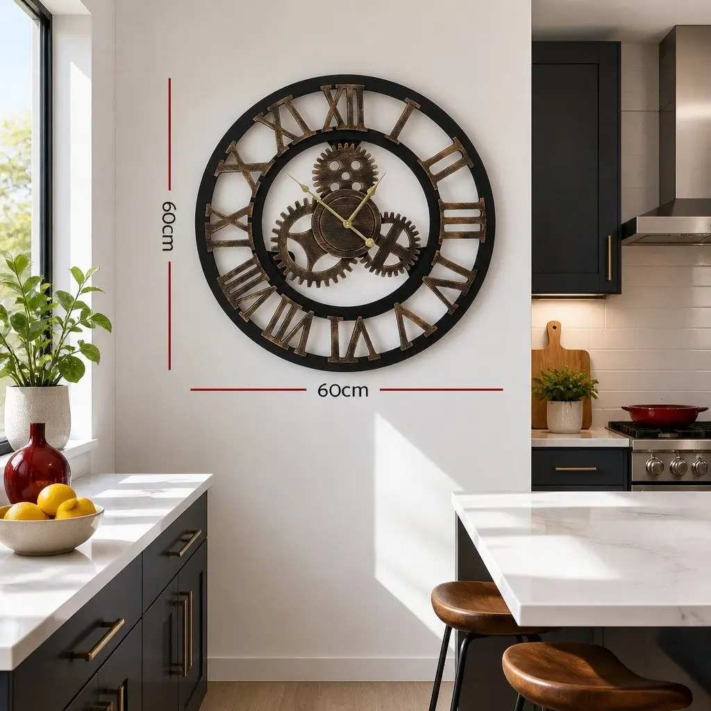 Large 60cm Wall Clock Retro Roman Numerals Steampunk Home Decor Brown