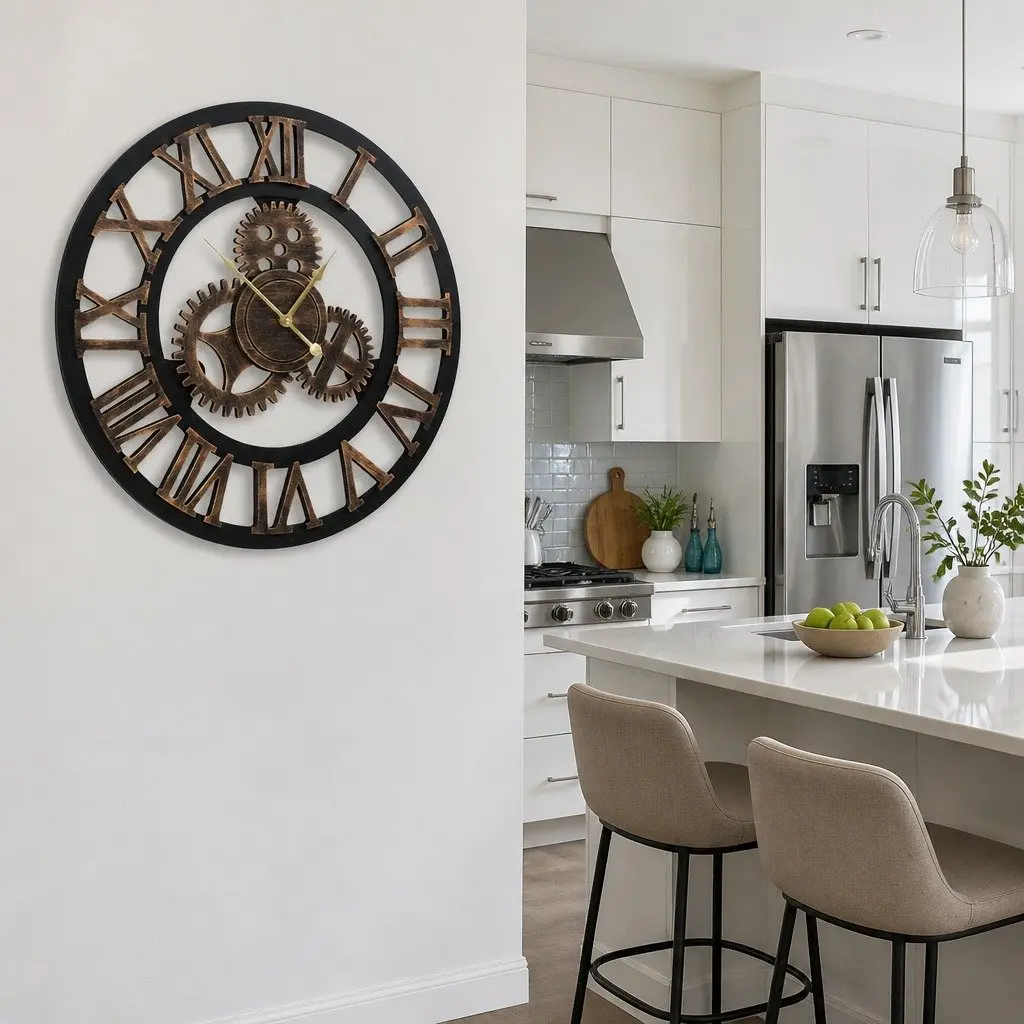 Large 60cm Wall Clock Retro Roman Numerals Steampunk Home Decor Brown