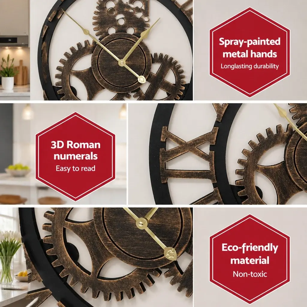 Large 60cm Wall Clock Retro Roman Numerals Steampunk Home Decor Brown