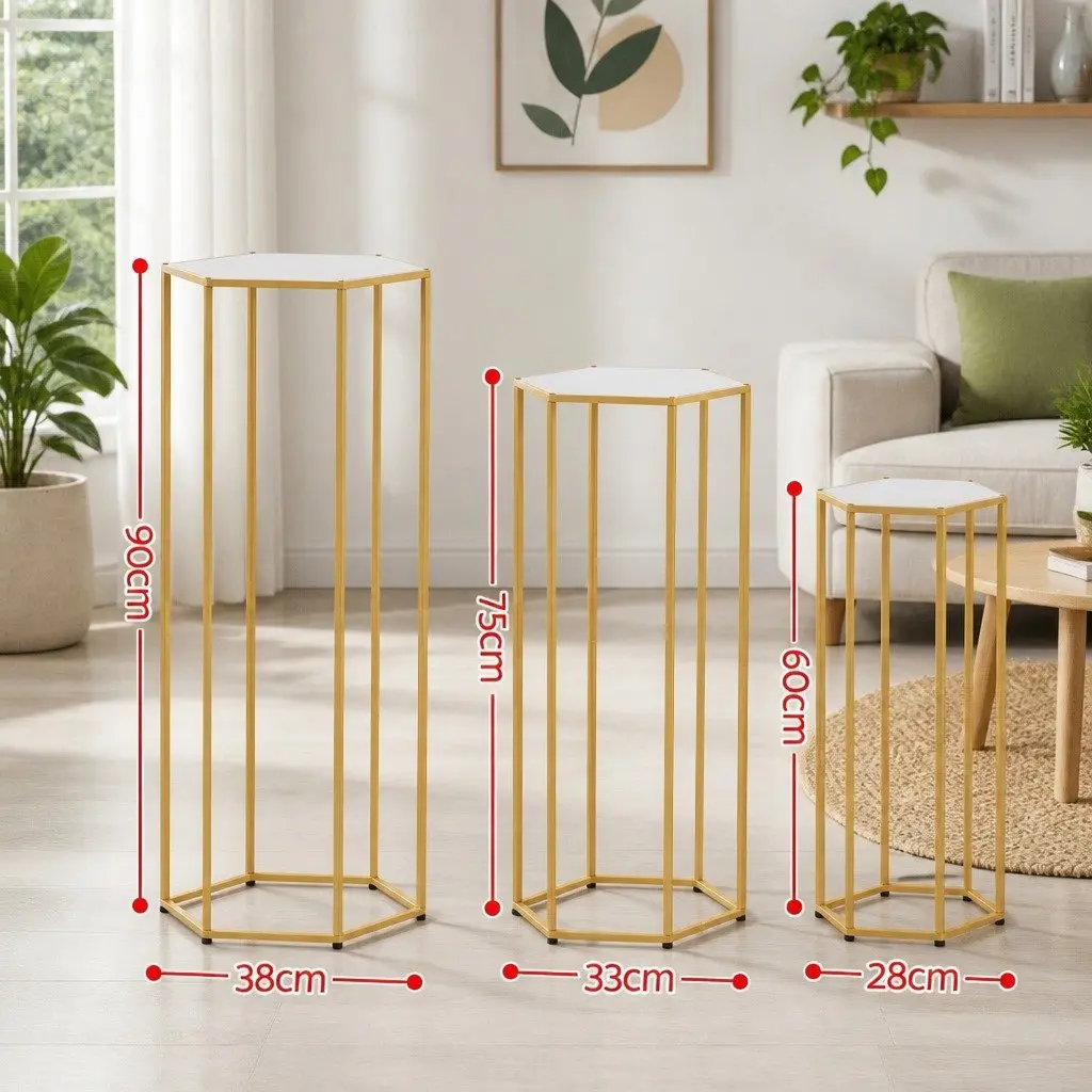 3-Piece Gold Hexagon Wedding Stand Set Metal Pedestal Backdrop Display Plinth