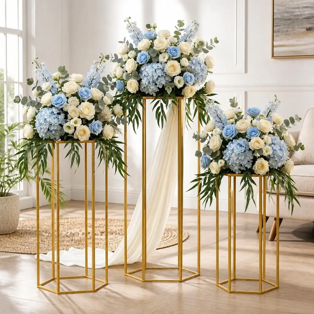 3-Piece Gold Hexagon Wedding Stand Set Metal Pedestal Backdrop Display Plinth