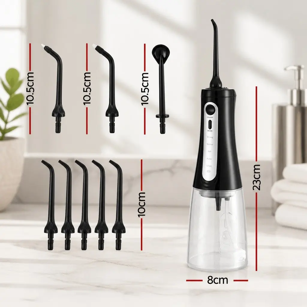 Cordless Oral Irrigator Water Flosser for Dental Care 350ml Black with 5 Pressure Settings and Multiple Nozzle Tips